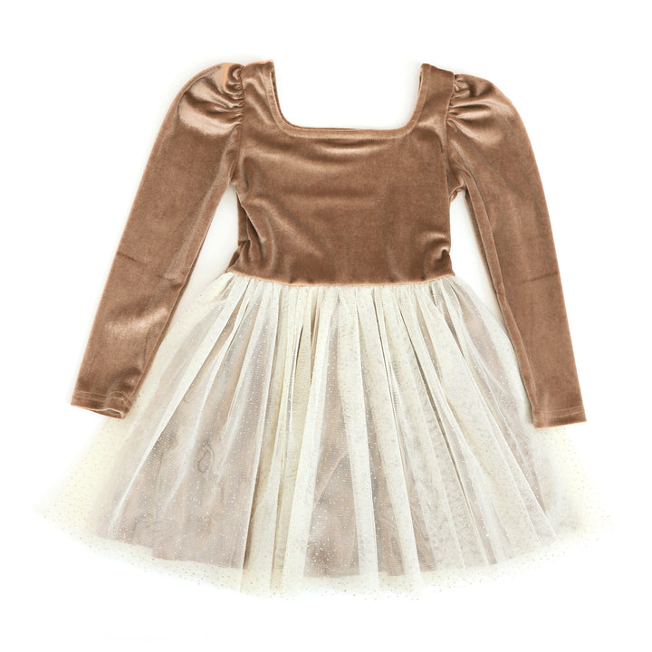 girls gold velvet Christmas or special occasion dress with sparkly cream tulle skirt