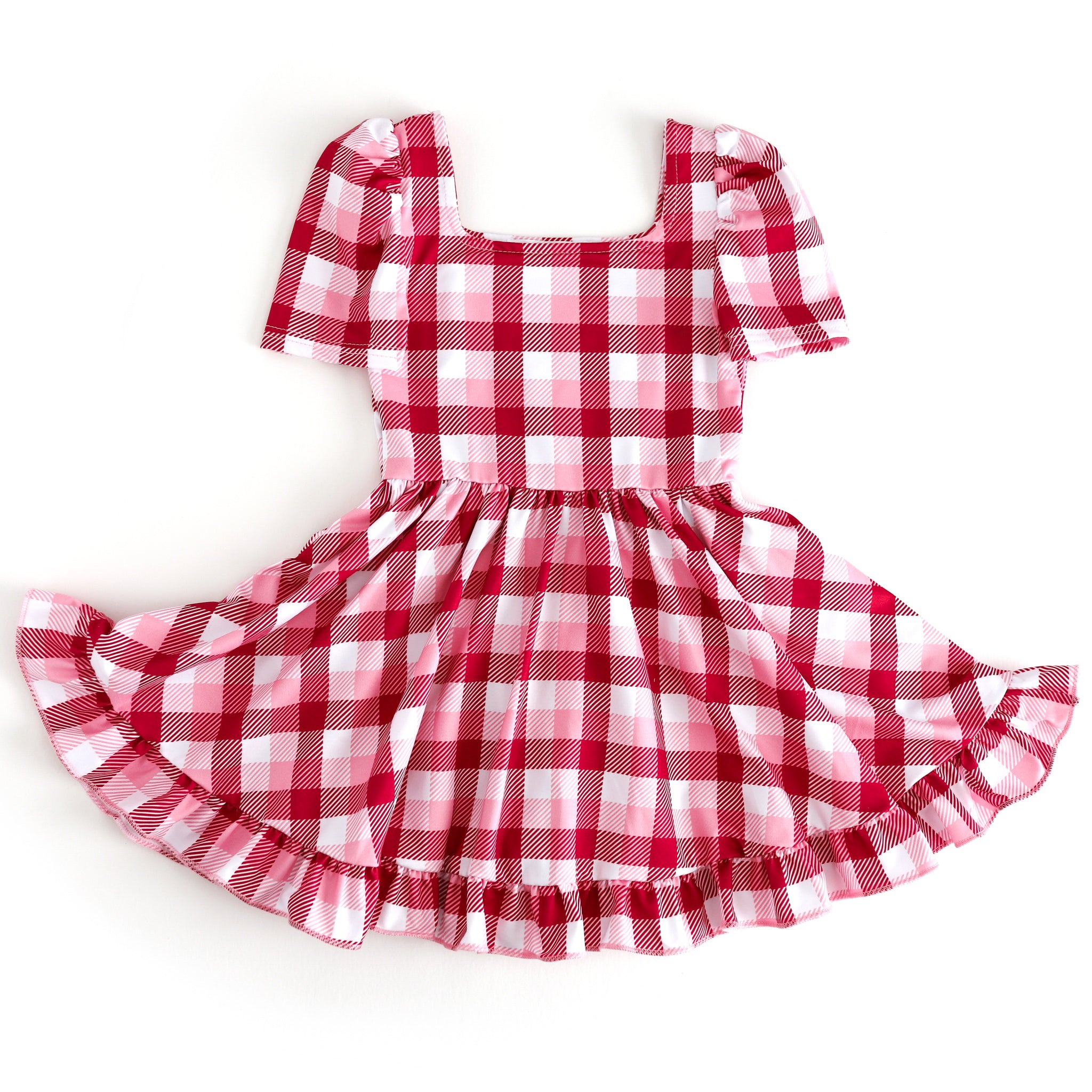 girls' red, pink and white plaid short sleeve twirl dress with square neck and ruffle hem for Valentine's Day