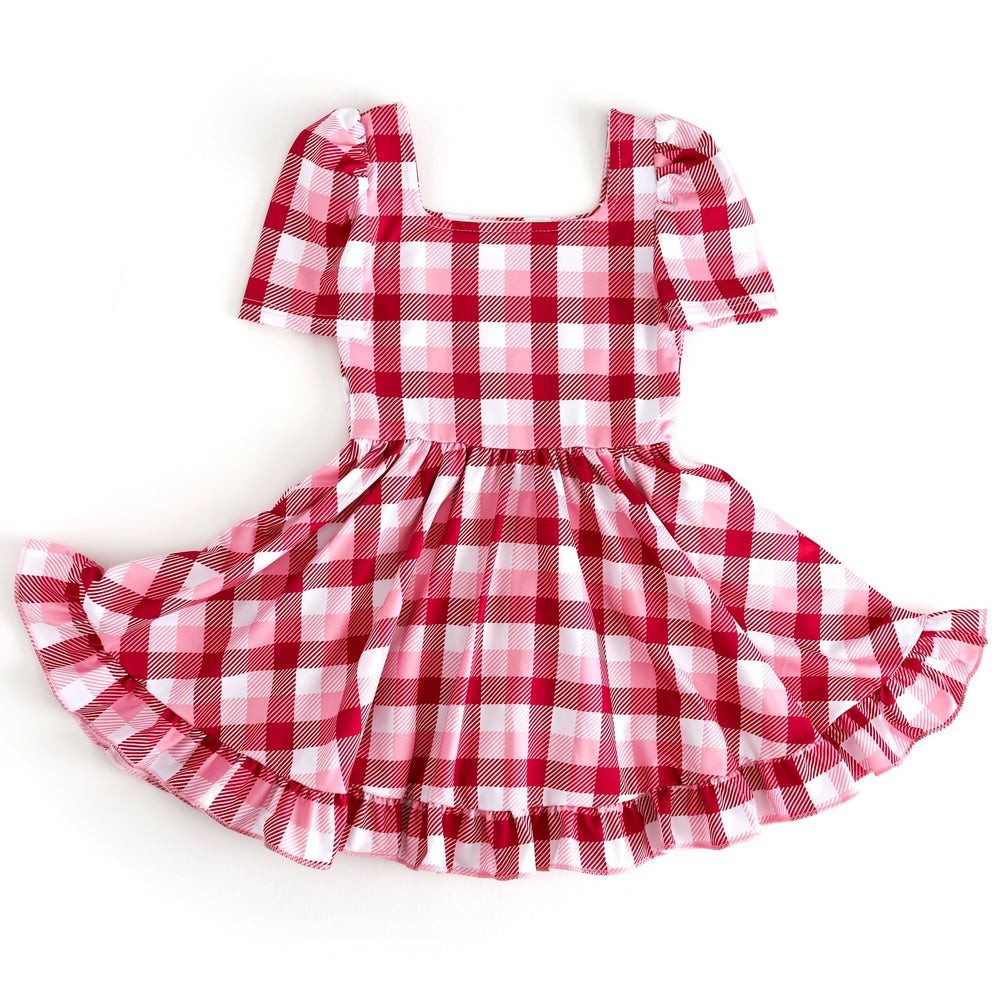 girls' red, pink and white plaid short sleeve twirl dress with square neck and ruffle hem for Valentine's Day