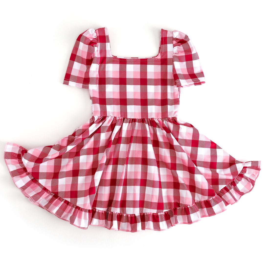 girls' red, pink and white plaid short sleeve twirl dress with square neck and ruffle hem for Valentine's Day