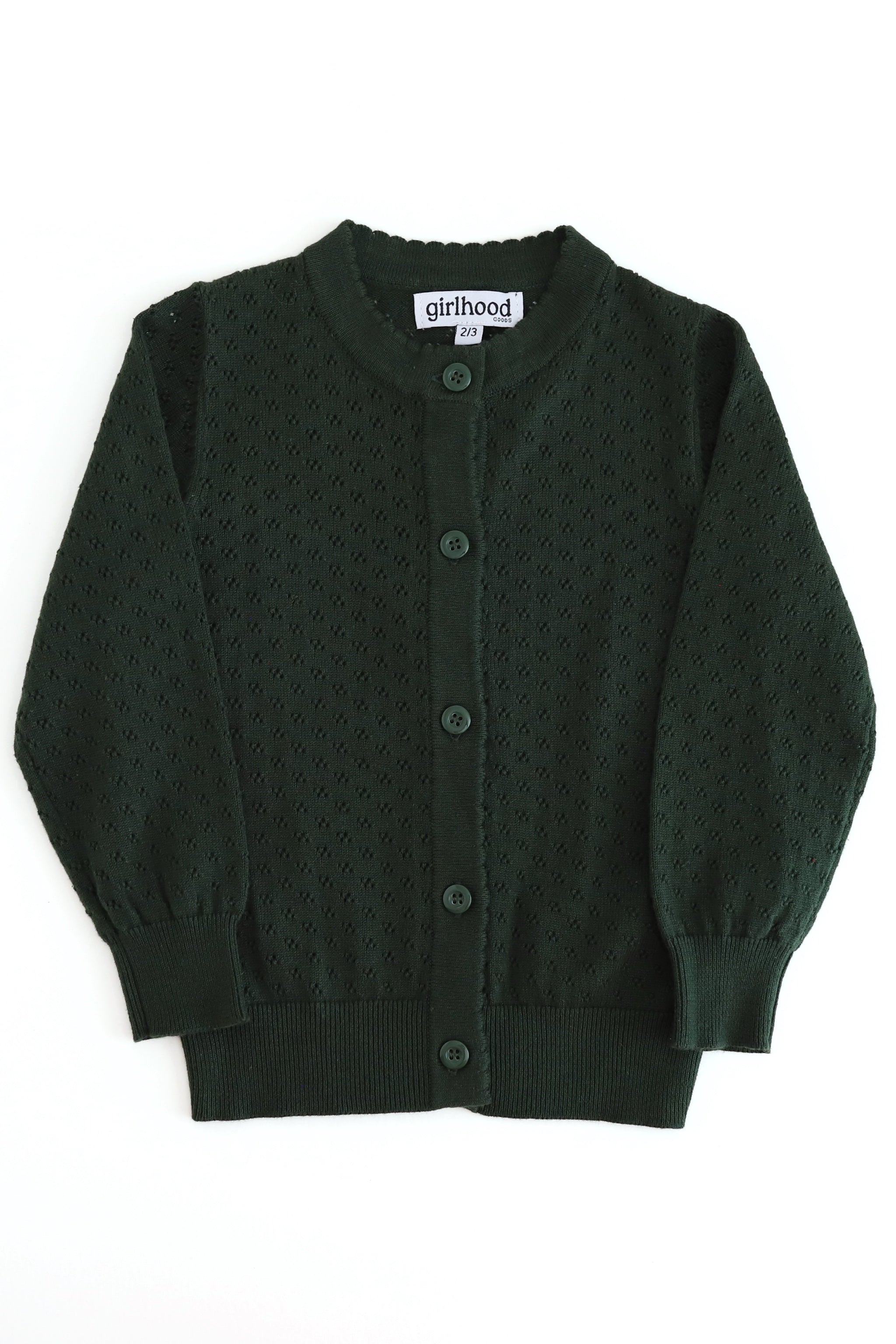 Girls' Forest Green Pointelle Cardigan, 100% cotton, long-sleeve, crew neckline, open crochet design