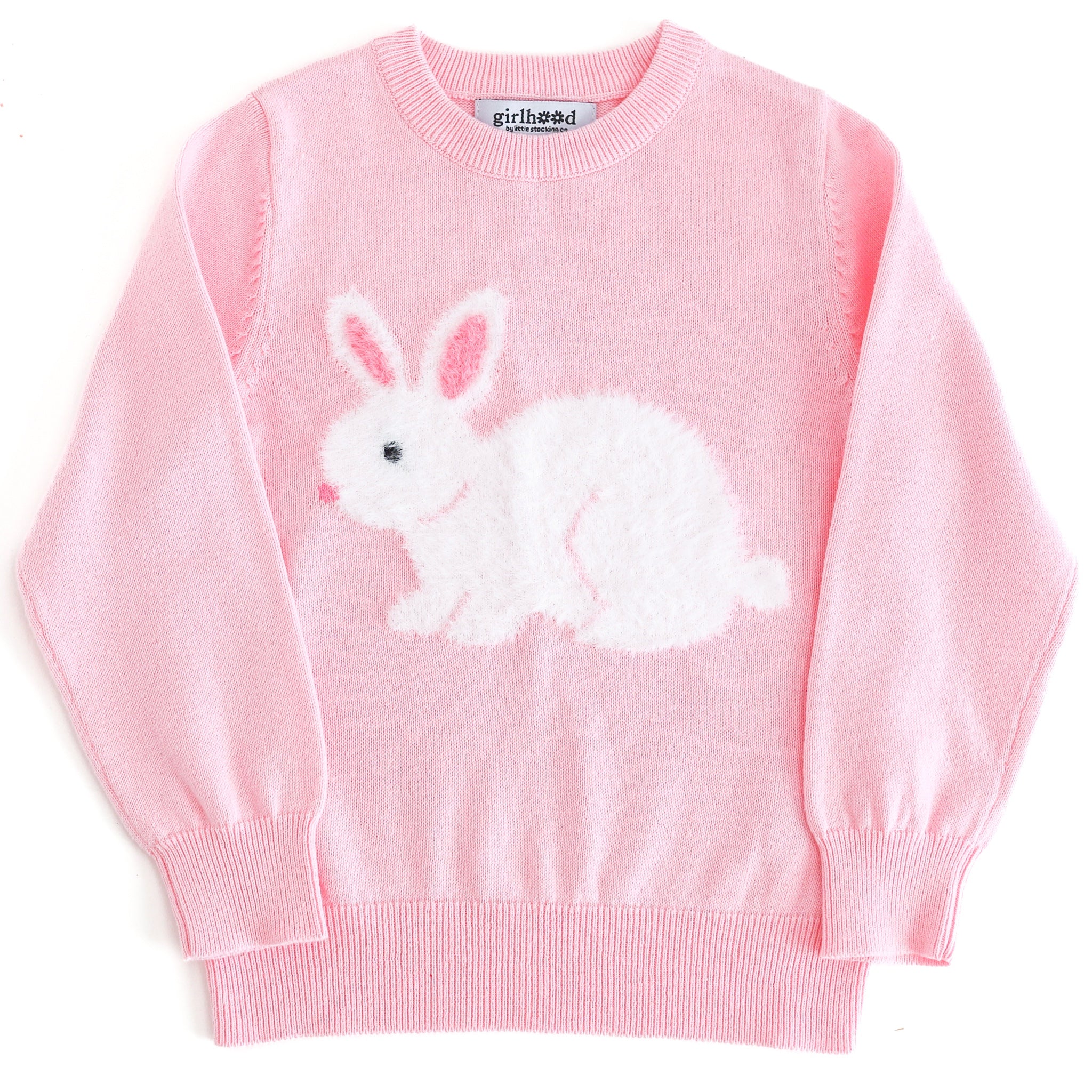 girls light pink cotton knit sweater with white fluffy bunny design for Easter