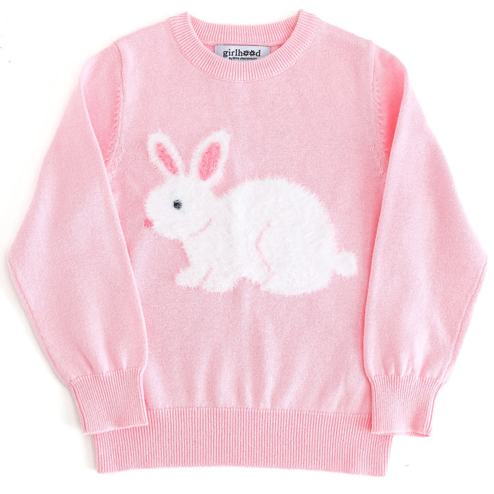 girls light pink cotton knit sweater with white fluffy bunny design for Easter
