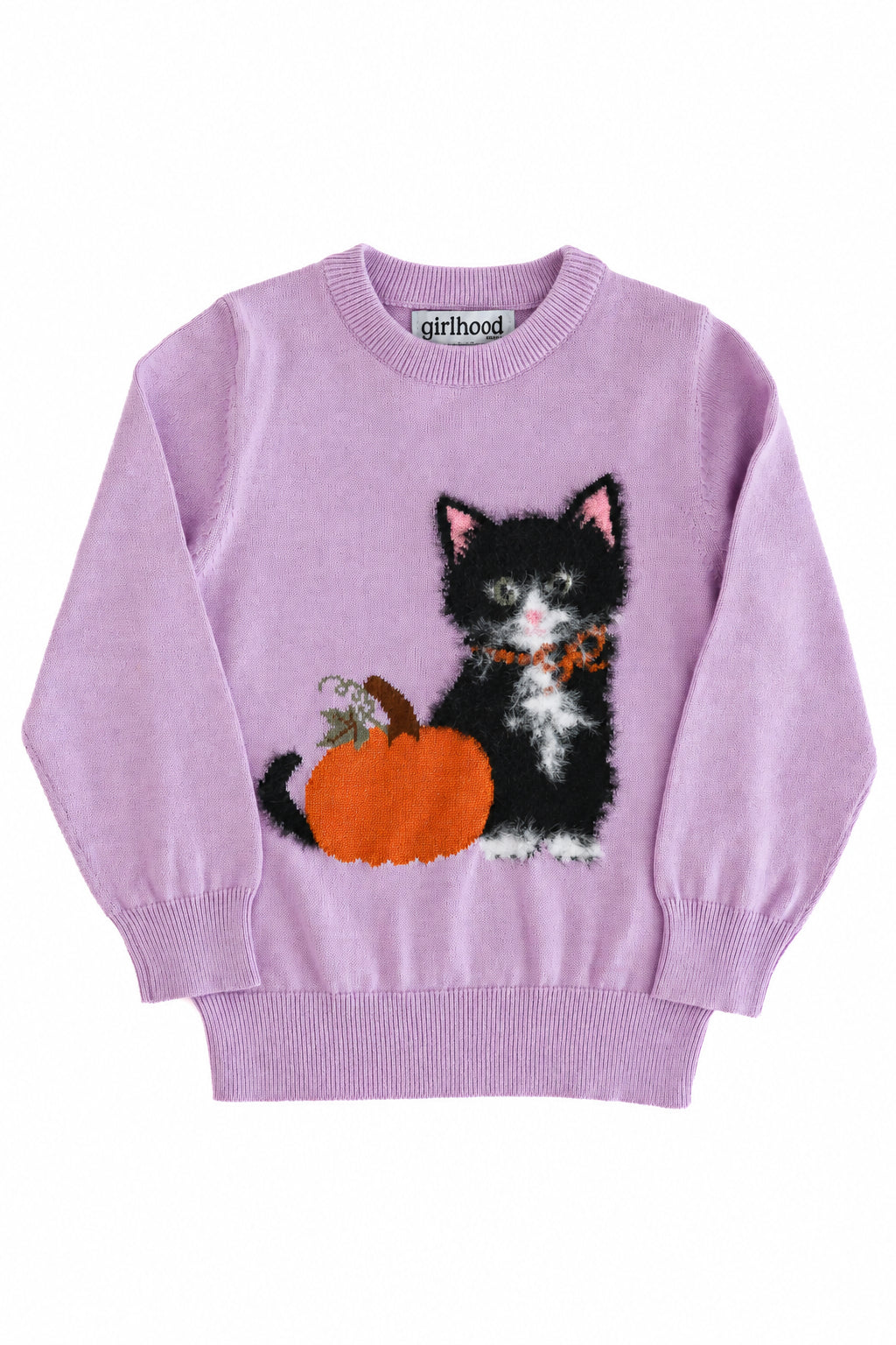girls' lavender cotton knit pullover sweater with fluffy black kitten design and sparkly orange pumpkin on clean white backround