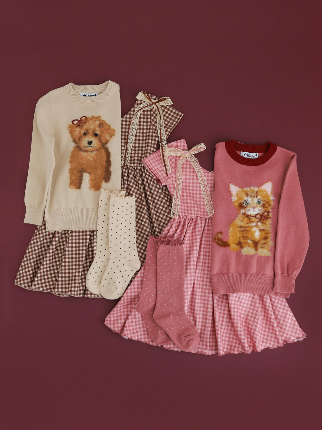 girl's fluffy puppy and kitten sweaters paired with coordinating brown and pink gingham twirl dresses and accessories