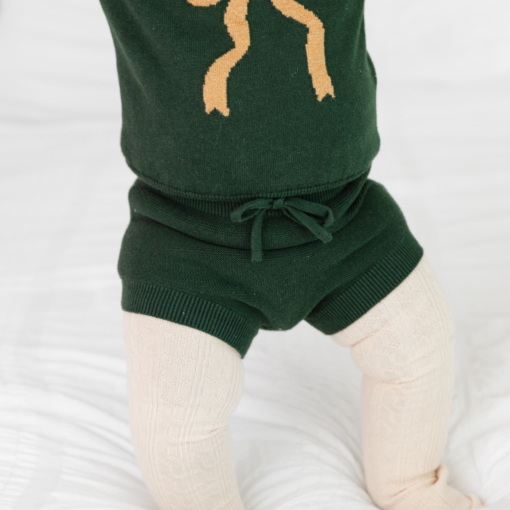 matching sweater set for baby girl christmas forest green with gold sparkle bow