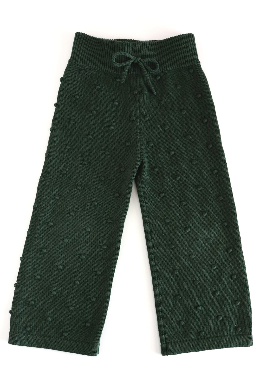 dark green knit bubble sweater pants with faux bow at waist