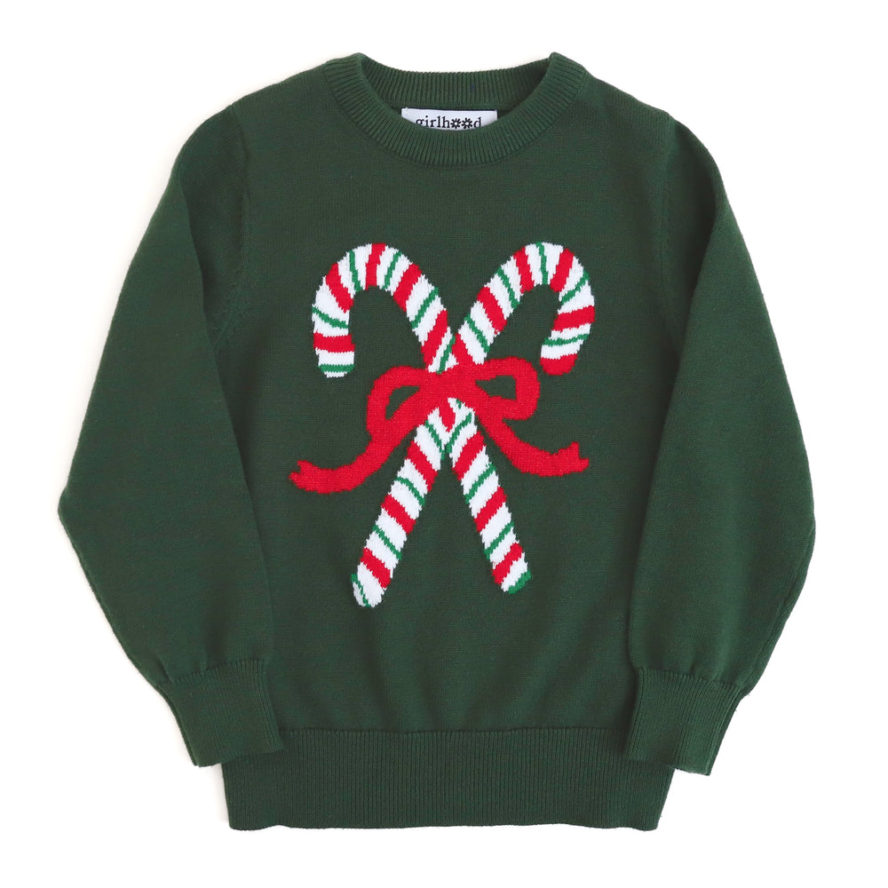 forest green girls pullover sweater with red and green striped candy canes and  red bow