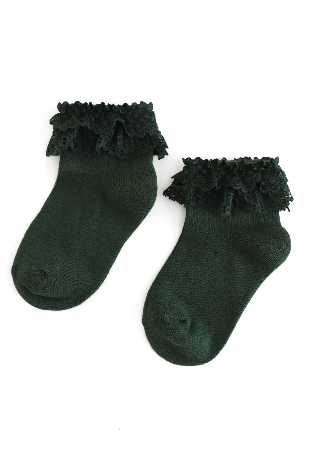 girls' forest green ankle socks with delicate lace trim, perfect for Christmas and special occasions