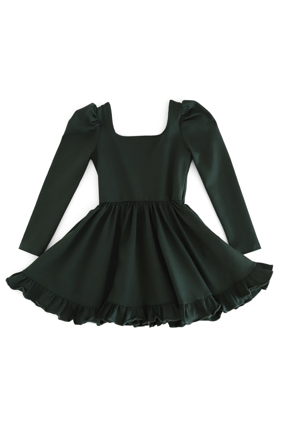 A dark forest green long-sleeve dress with a square neckline, puffed shoulders, and a ruffled skirt, shown against a plain white background.