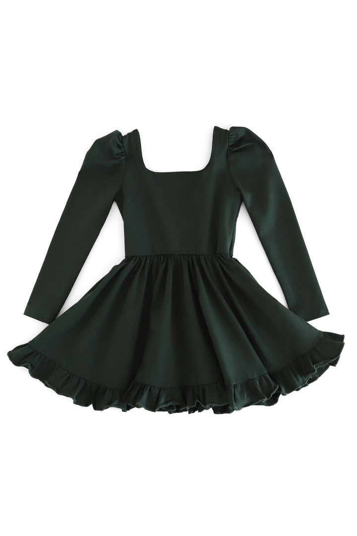 A dark forest green long-sleeve dress with a square neckline, puffed shoulders, and a ruffled skirt, shown against a plain white background.