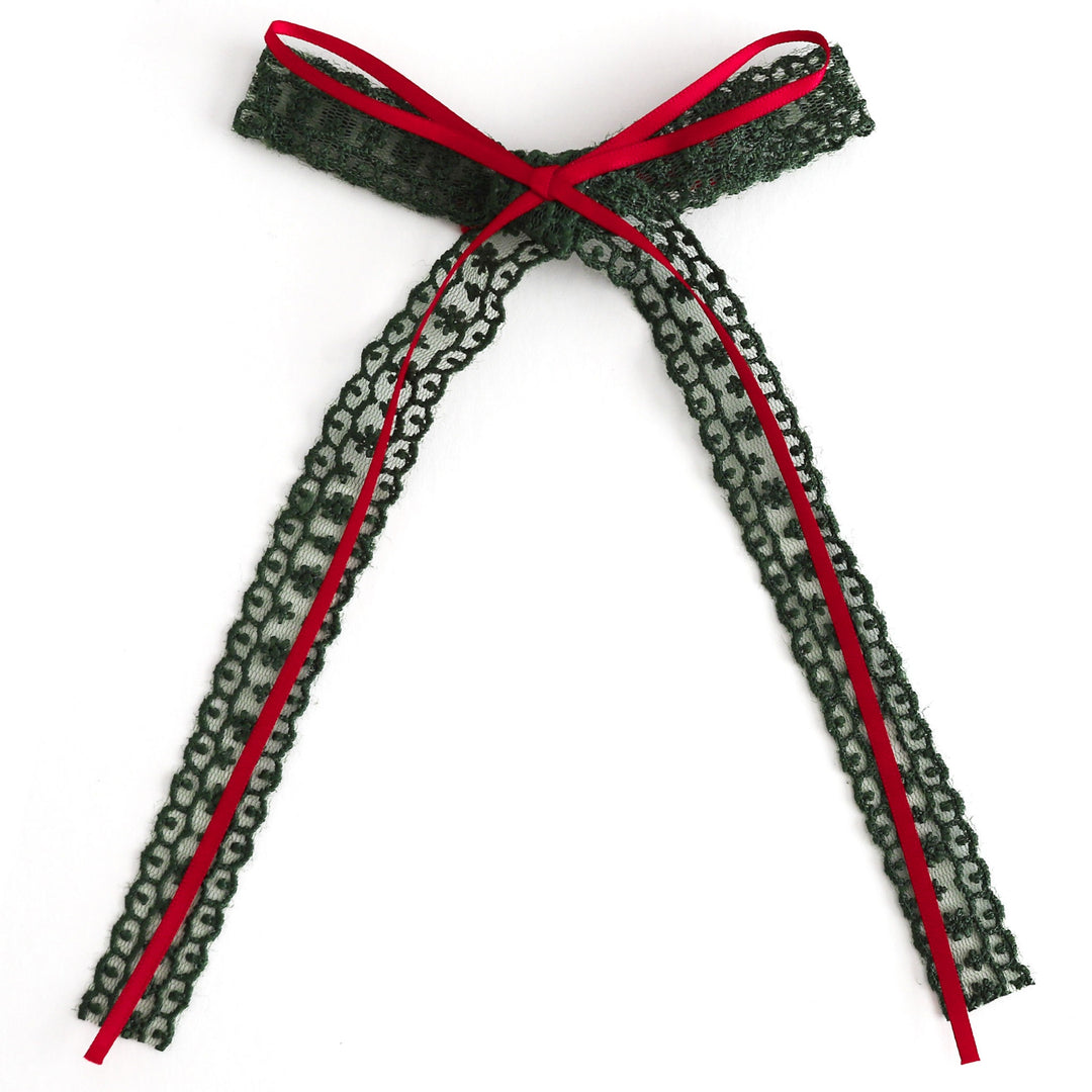 christmas hair bow, green lace with layered red ribbon
