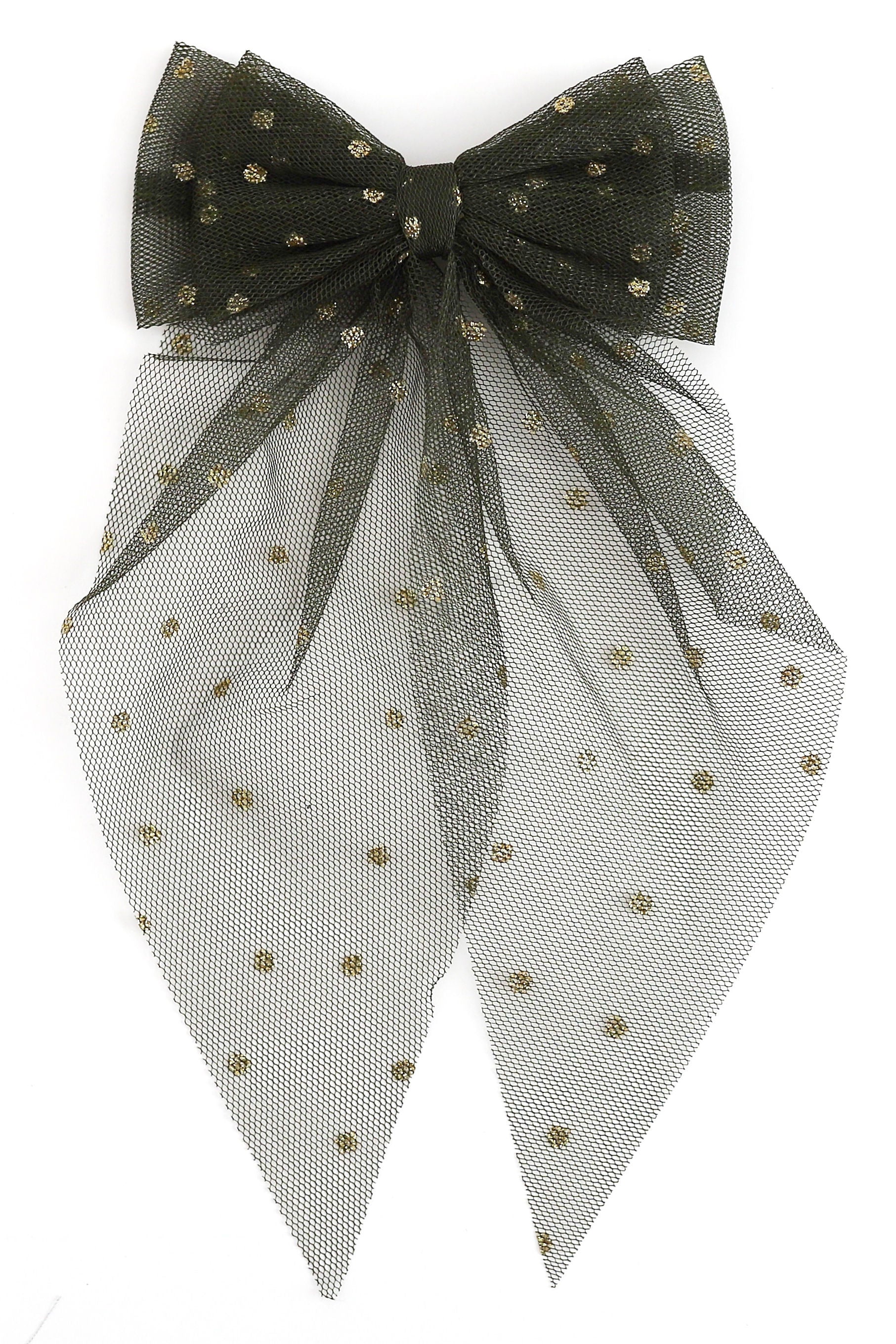 A sheer forest green tulle bow with small gold polka dot accents, photographed against a plain white background
