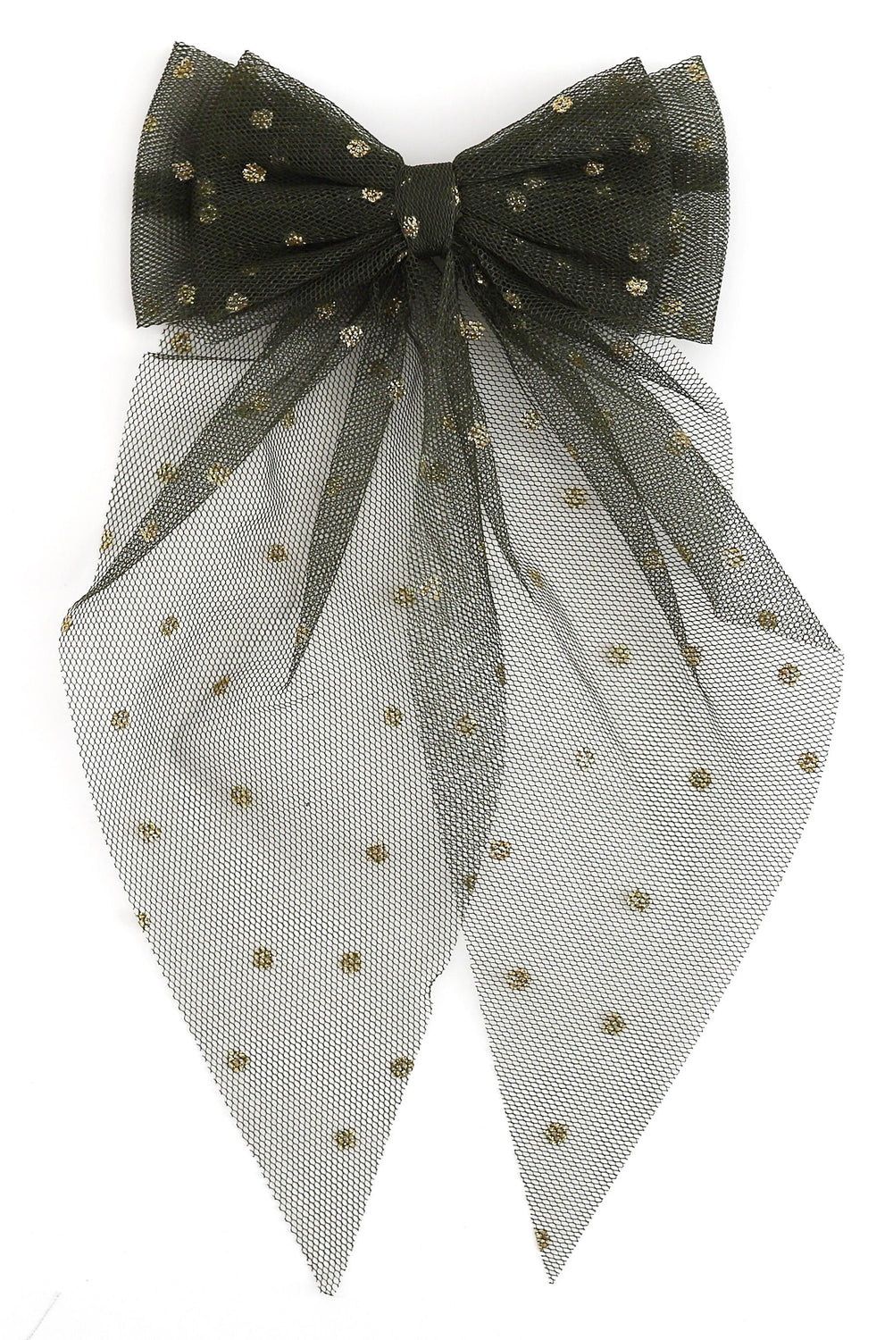 A sheer forest green tulle bow with small gold polka dot accents, photographed against a plain white background
