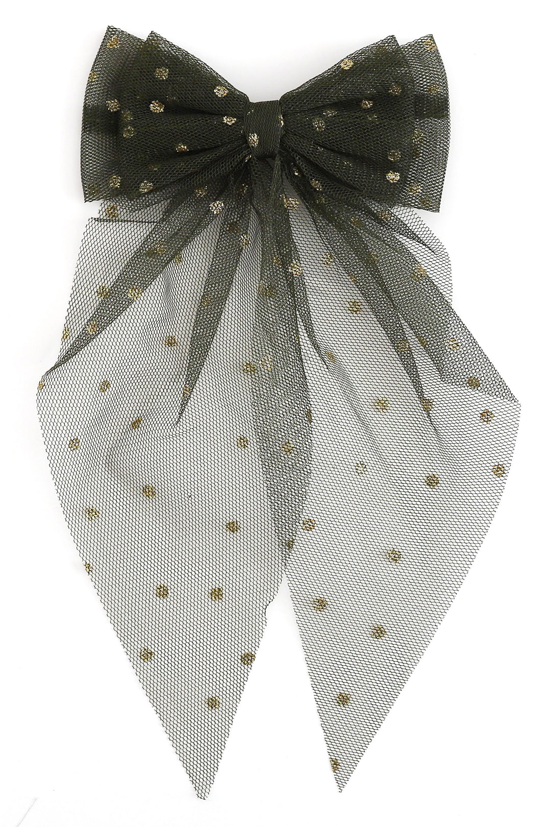 A sheer forest green tulle bow with small gold polka dot accents, photographed against a plain white background