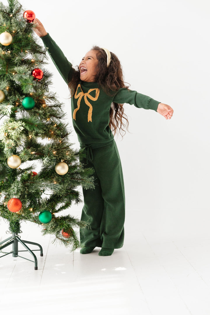 girls matching knit set forest green with gold bow christmas