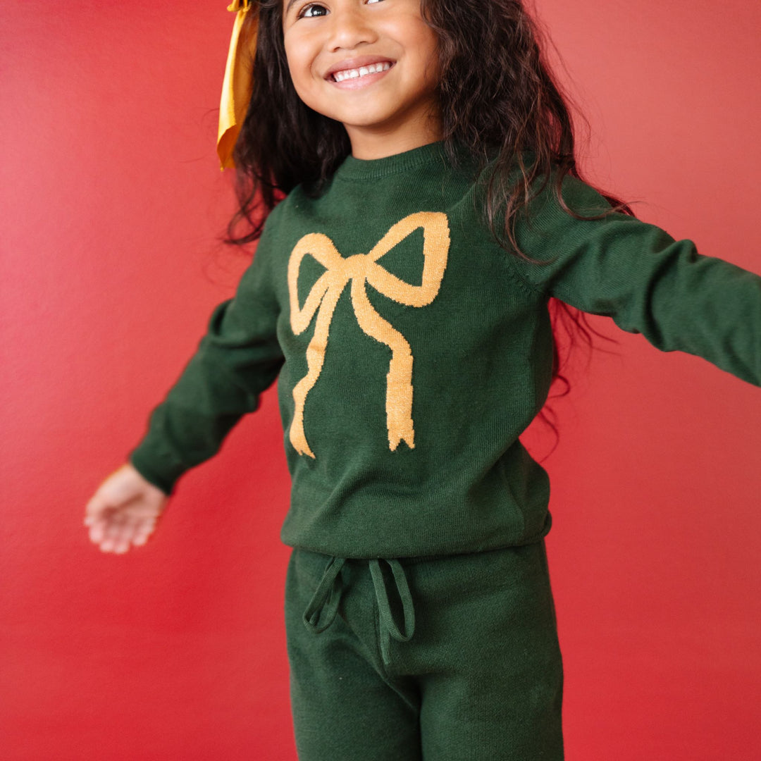 girls matching sweater set forest green with gold bow