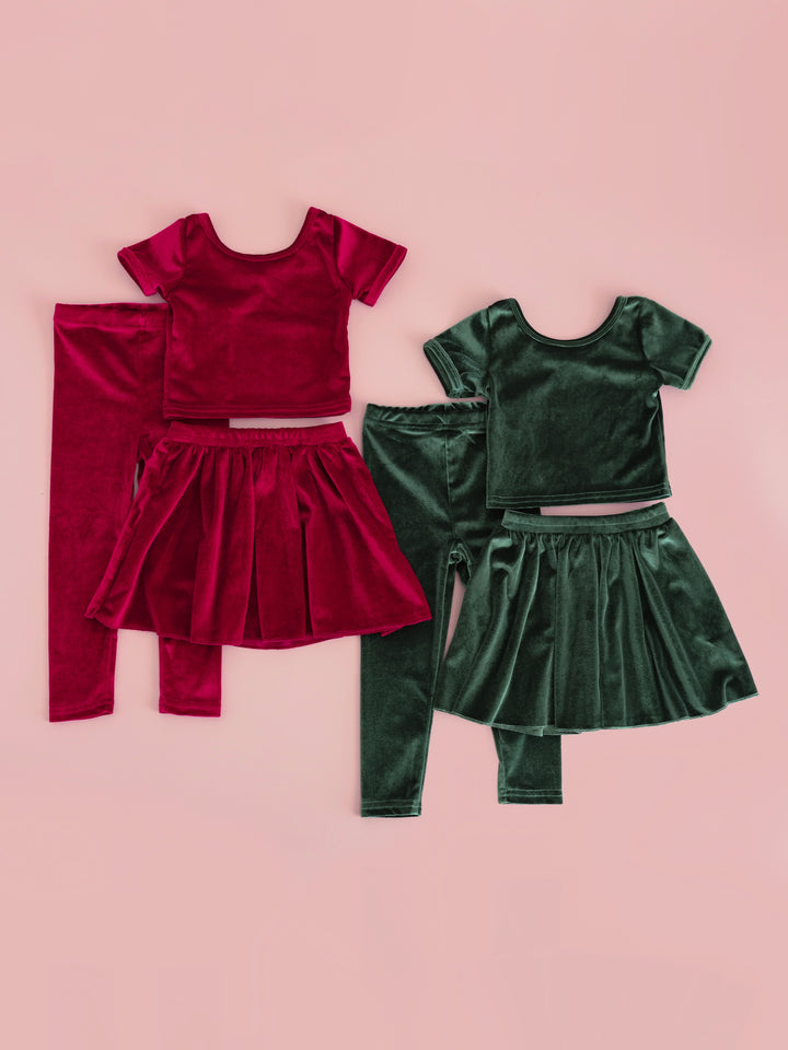 girls mix and match tops, skirts and leggings in cranberry and forest green velvet