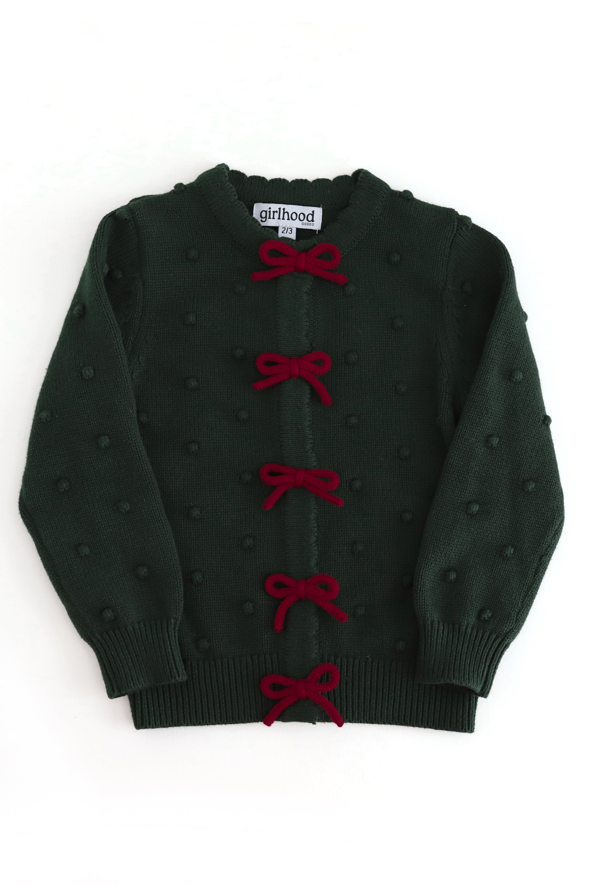 Girls' holiday bow cotton bubble knit cardigan in forest green with crimson bows, snap front and scalloped trim 