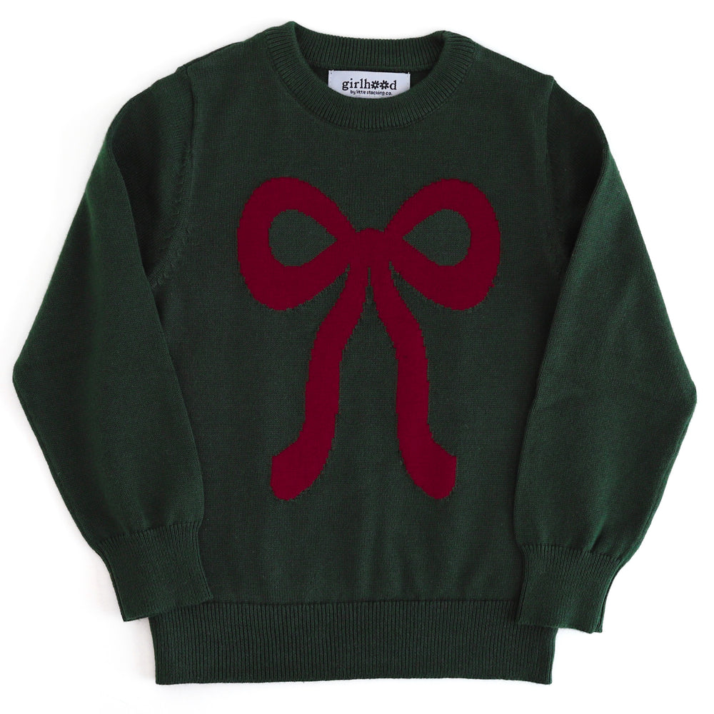 girls' forest green cotton knit pullover Christmas sweater with red bow design
