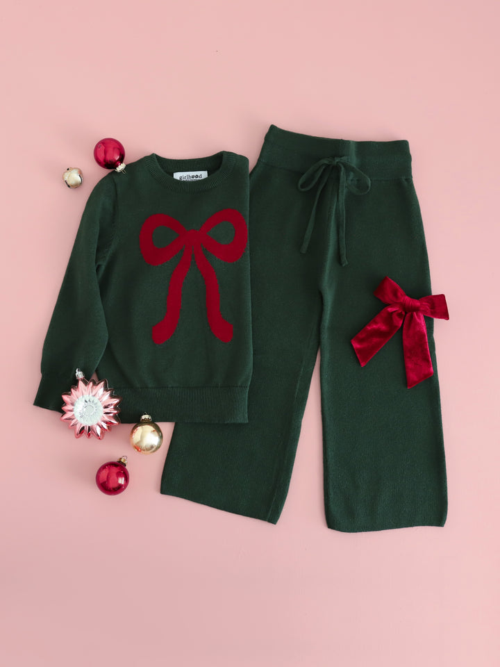 girls forest green Christmas sweater with crimson bow design, matching forest sweater pants and crimson velvet hair bow on clip