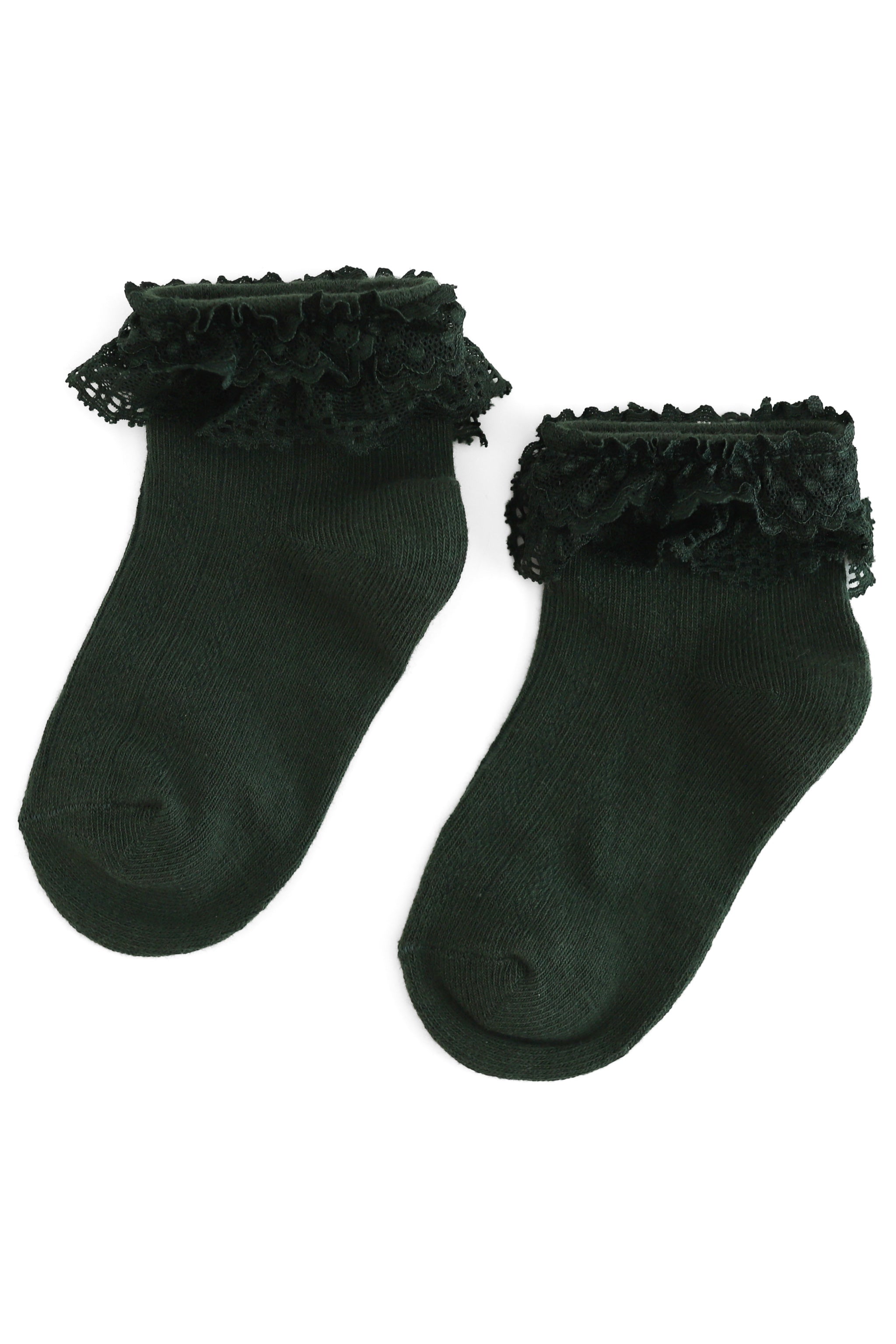 girls' forest green ankle socks with delicate lace trim, perfect for Christmas and special occasions