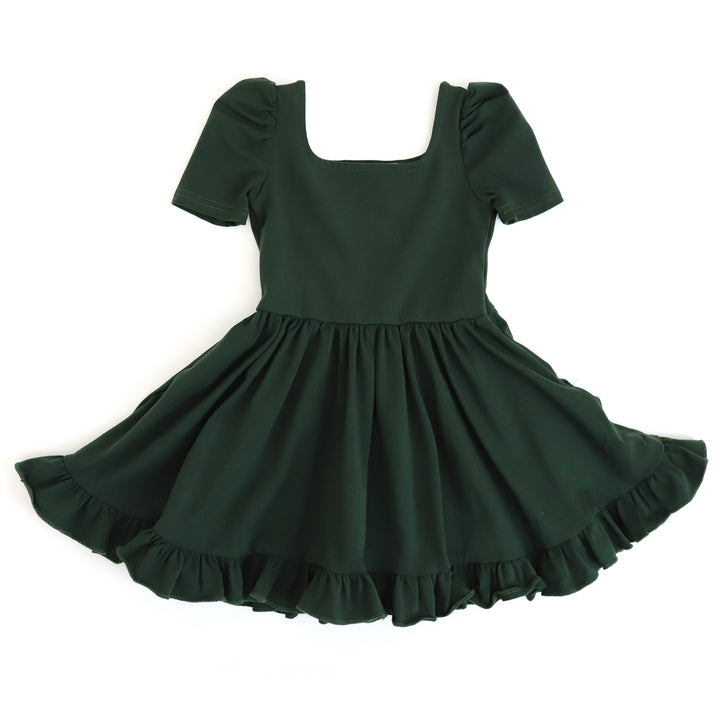 girls forest green twirl dress with square neck