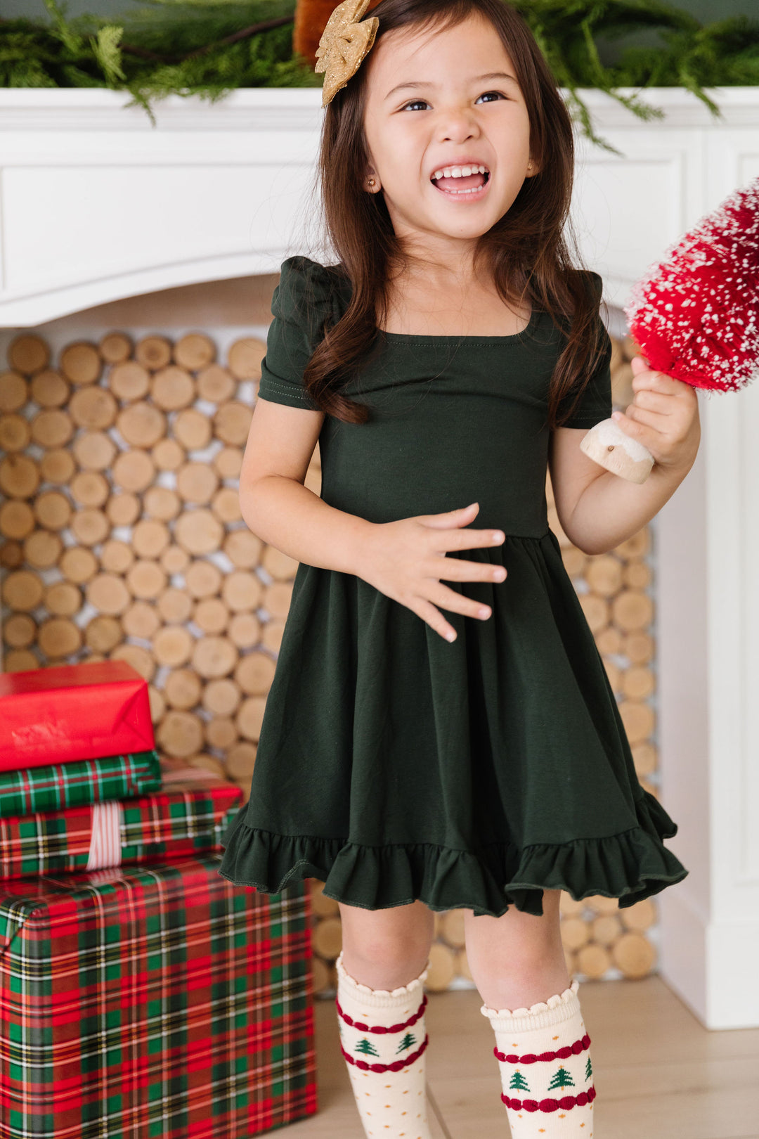 girls forest green dress with christmas tree knee high socks