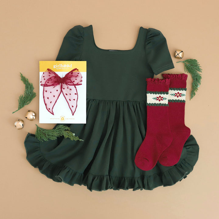 girls forest green twirl dress with christmas knee highs and bow