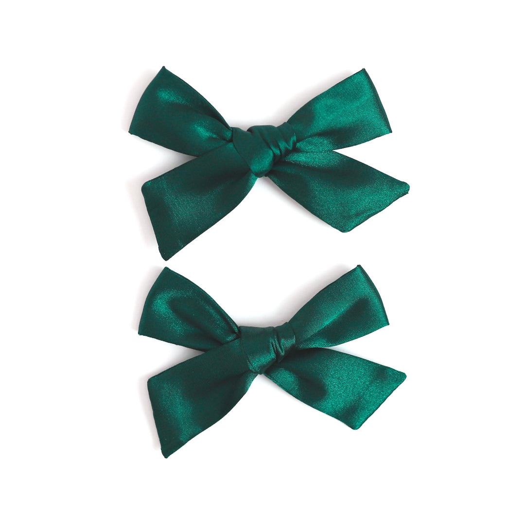 set of girls satin pigtail bows in forest green