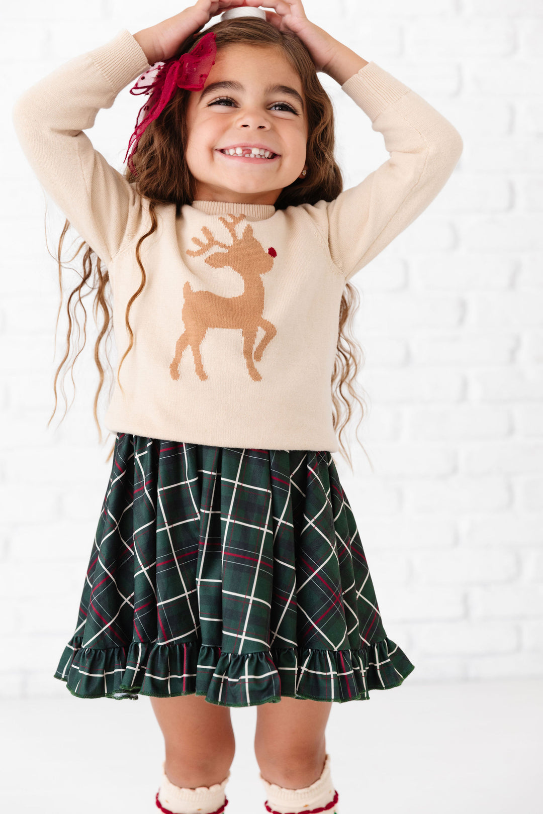 girls christmas outfit plaid dress with reindeer sweater 