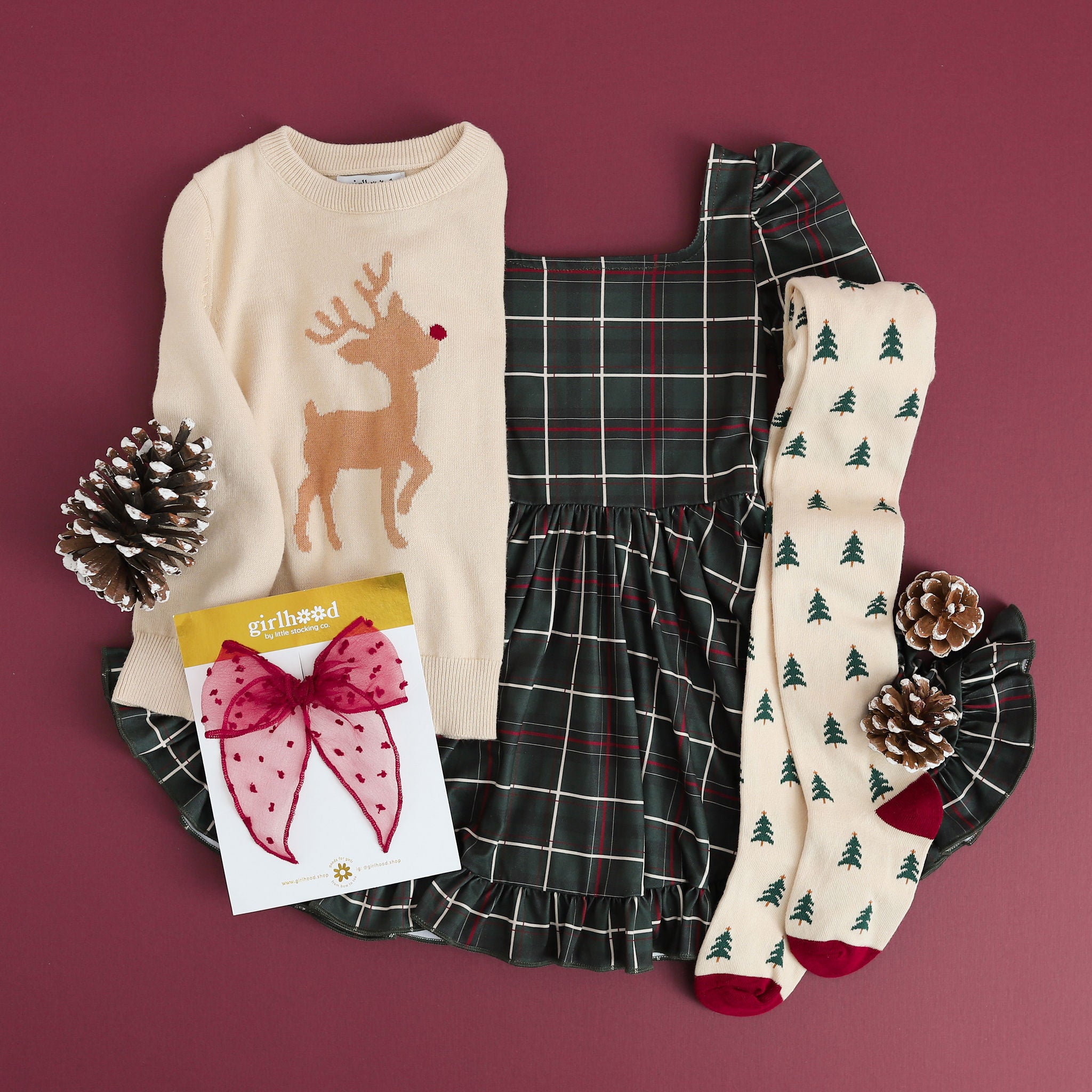 girls forest green plaid Christmas dress with matching reindeer knit sweater, Christmas tree tights and sheer crimson bow