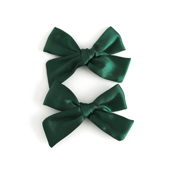 girls forest green satin pigtail bows on clips