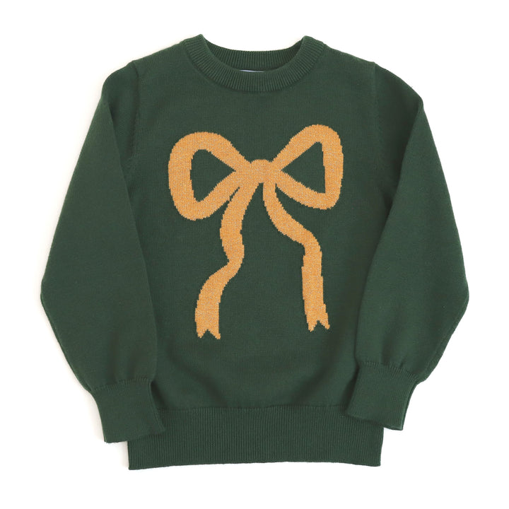 girls forest green christmas sweater with big gold bow