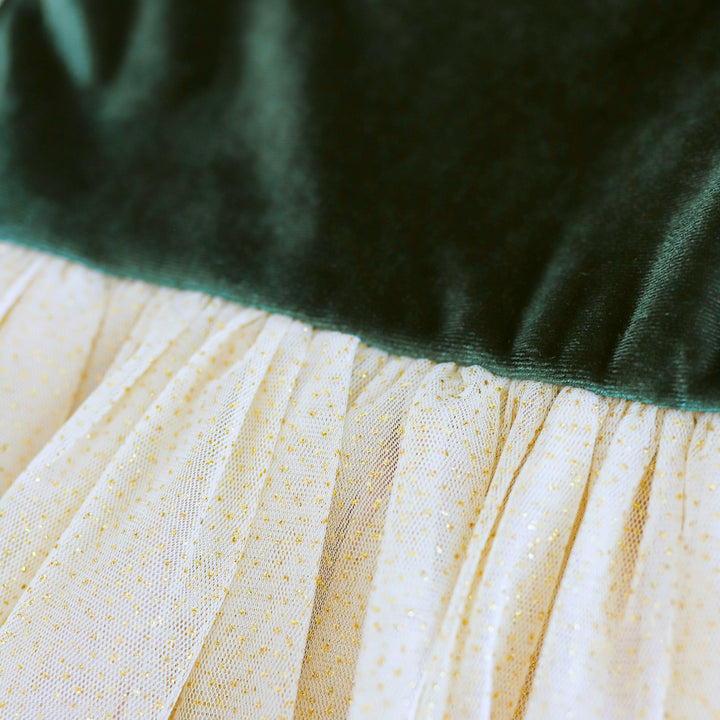 closup of forest green velvet dress bodice and attached cream sparkle tulle