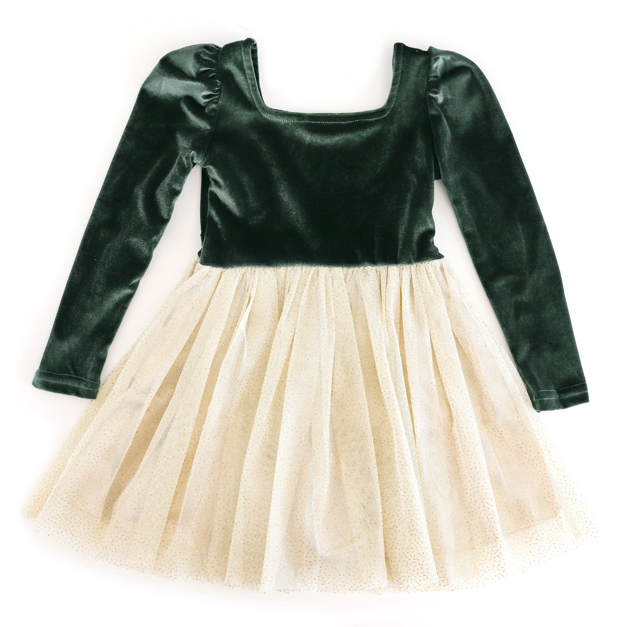 girls' forest green fancy Christmas dress with forest green velvet bodice and cream tulle skirt with sparkles