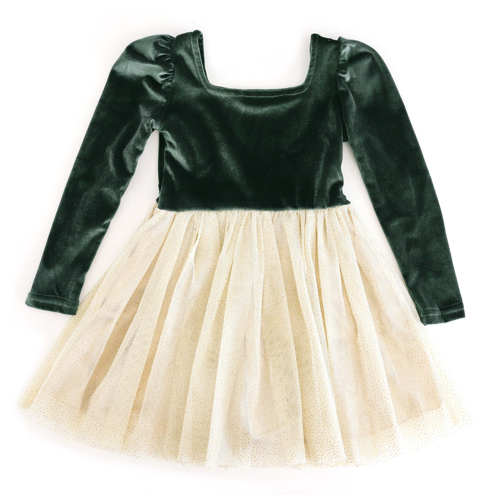 girls' forest green fancy Christmas dress with forest green velvet bodice and cream tulle skirt with sparkles
