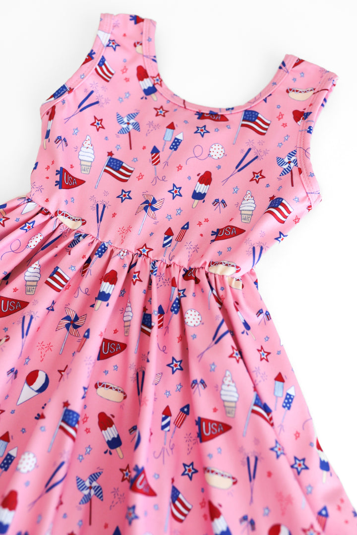 detail listing photo of girls pink 4th of july sleeveless twirl dress