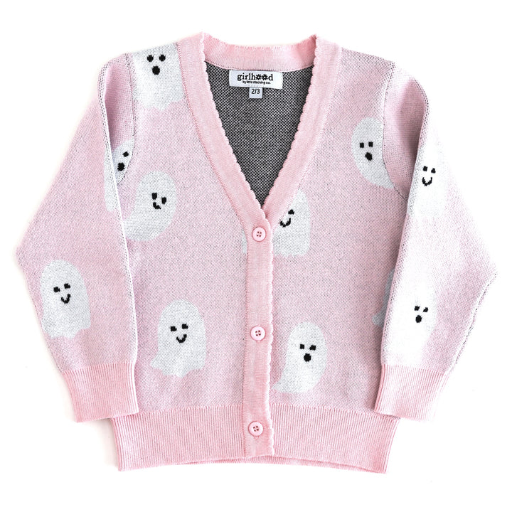 girls' light pink v-neck cardigan with white ghost print, button front and scalloped trim for Halloween
