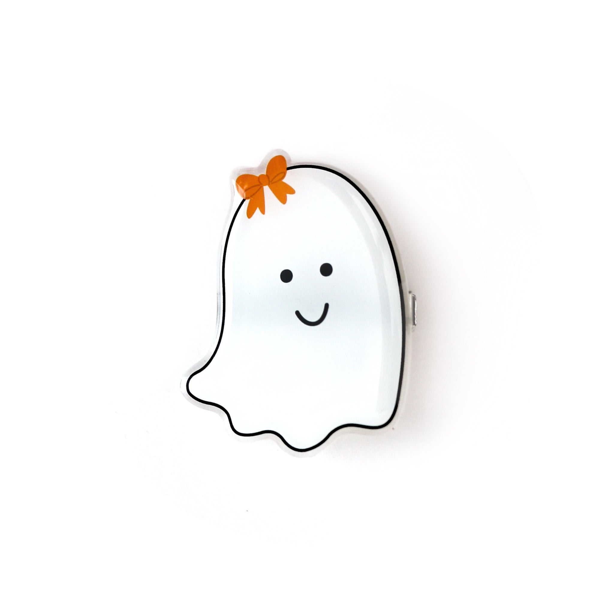 girls' white ghost with orange bow Halloween barrette on alligator clip