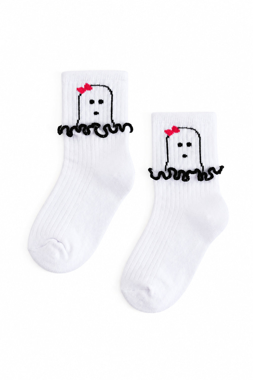 girls white crew socks with ghost design and black lettuce trim ruffle