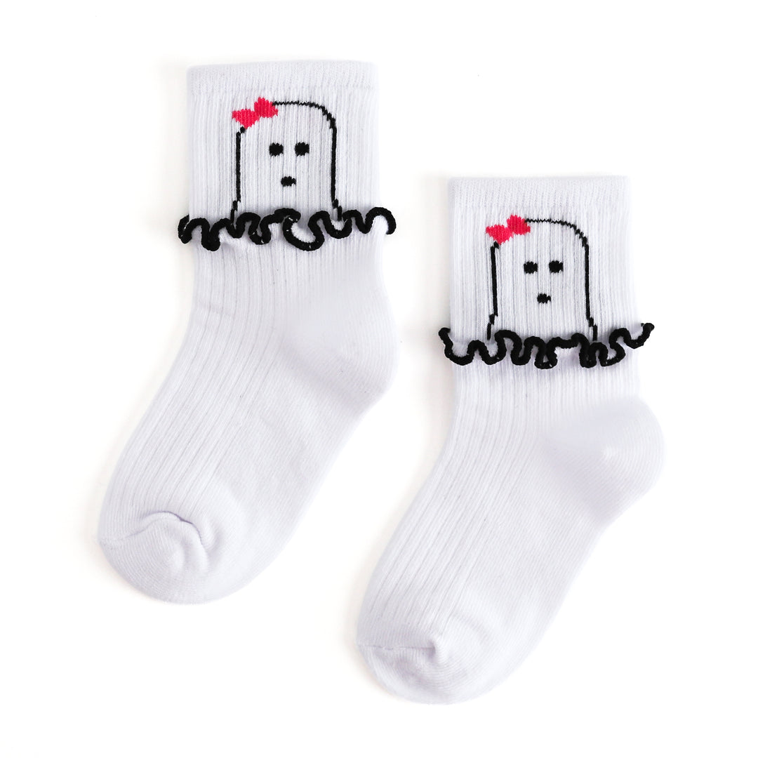 girls white crew socks with ghost design and black lettuce trim ruffle