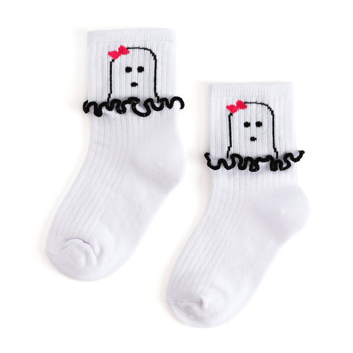 girls white crew socks with ghost design and black lettuce trim ruffle