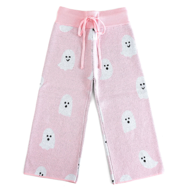 light pink cotton knit sweater pants with ghost design and functional drawstring waistband for Halloween