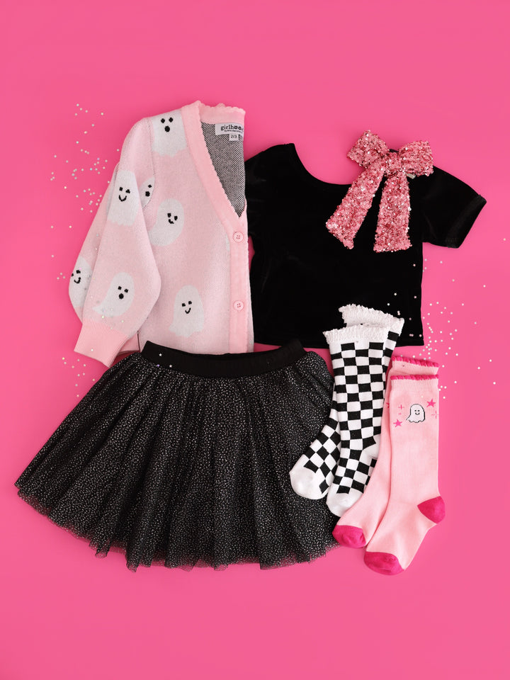 girl's black velvet tee, sparkle tutu skort, pink ghost cardigan paired with matching socks and pink sequin bow
