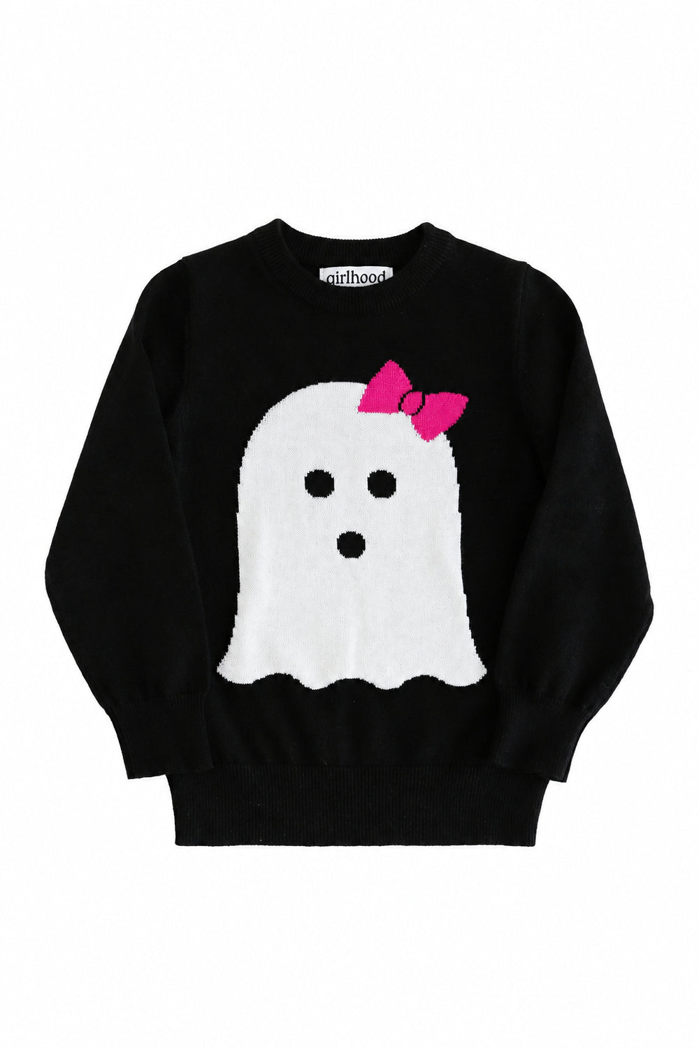 girls' black cotton knit pullover sweater with large white ghost wearing hot pink hair bow design 