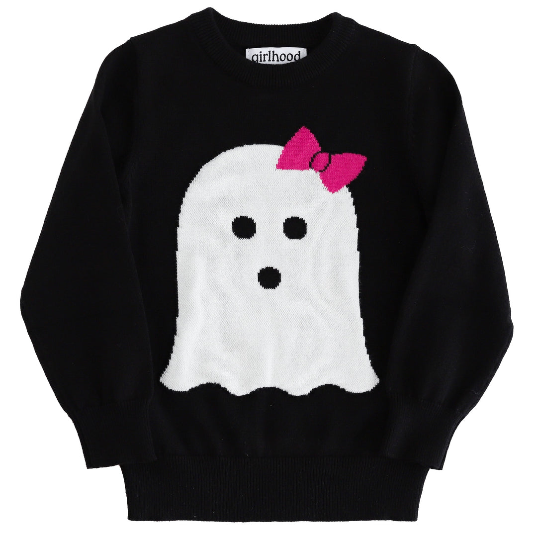 girls' black cotton knit pullover sweater with large white ghost wearing hot pink hair bow design 