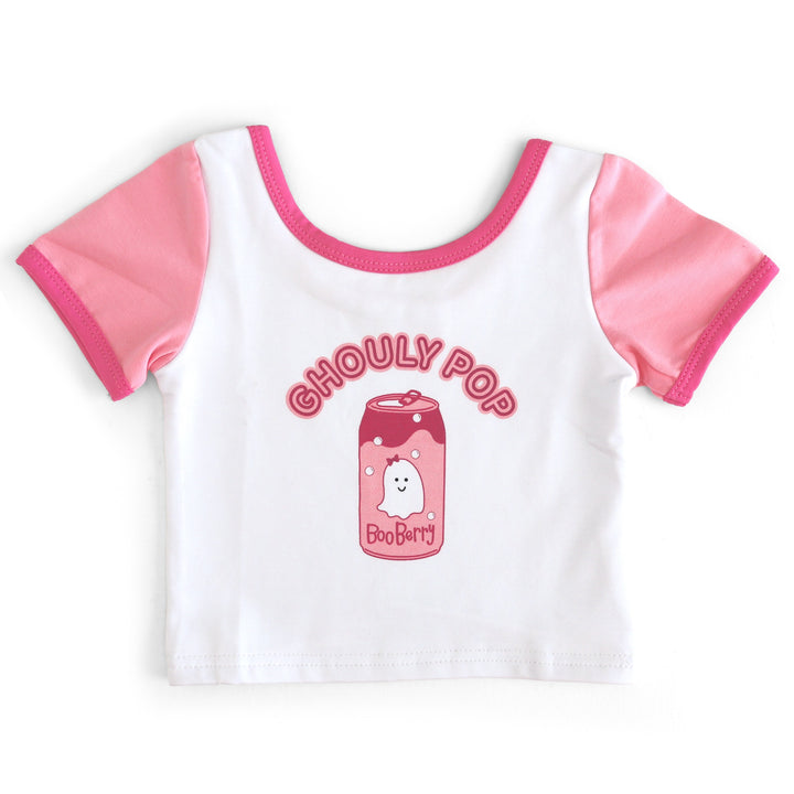 girls white t-shirt with two tone pink short sleeves and binding and "ghouly pop" phrase over ghost soda can print
