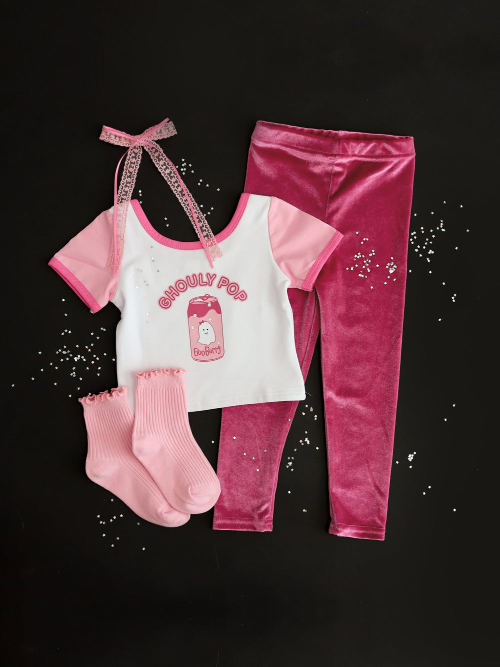 girls' Ghouly Pop two tine pink short sleeve Halloween top outfit with pink velvet leggings, pink lettuce trim midi socks and pink lace bow