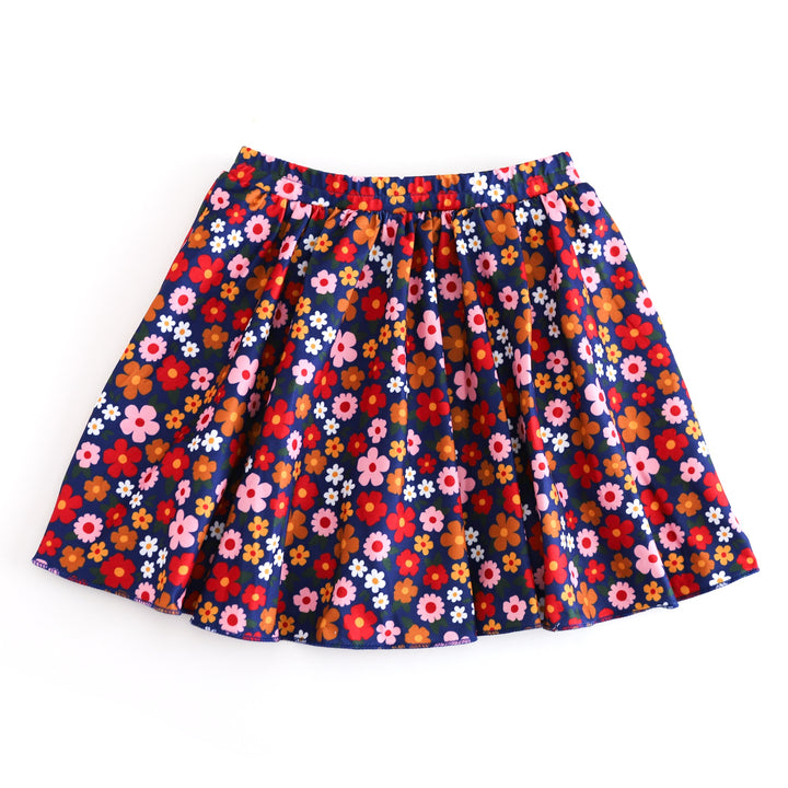 girls back to school floral skort with navy background and red, yellow, pink and white flower print